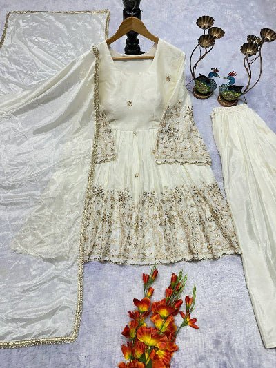 Ivory Cream Chinon Embroidery Sharara Palazzo Suit - BONYHUBSALWAR KAMEEZ