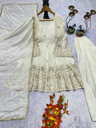 Ivory Cream Chinon Embroidery Sharara Palazzo Suit - BONYHUBSALWAR KAMEEZ