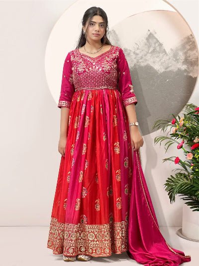 Rani Pink & Red Embroidered Chinon Silk Gown with Dupatta - BONYHUBSALWAR KAMEEZ