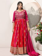 Rani Pink & Red Embroidered Chinon Silk Gown with Dupatta - BONYHUBSALWAR KAMEEZ