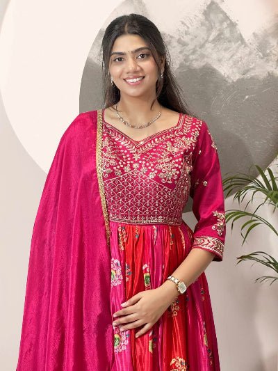 Rani Pink & Red Embroidered Chinon Silk Gown with Dupatta - BONYHUBSALWAR KAMEEZ