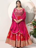 Rani Pink & Red Embroidered Chinon Silk Gown with Dupatta - BONYHUBSALWAR KAMEEZ