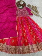 Rani Pink & Red Embroidered Chinon Silk Gown with Dupatta - BONYHUBSALWAR KAMEEZ