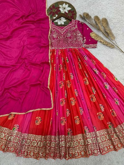 Rani Pink & Red Embroidered Chinon Silk Gown with Dupatta - BONYHUBSALWAR KAMEEZ