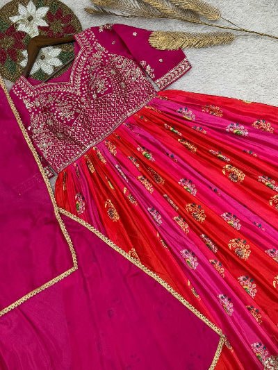 Rani Pink & Red Embroidered Chinon Silk Gown with Dupatta - BONYHUBSALWAR KAMEEZ