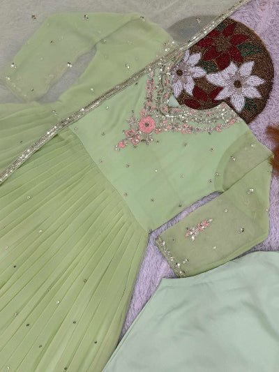 Pastel Green Georgette Embroidery work Anarkali Suit - BONYHUBSALWAR KAMEEZ