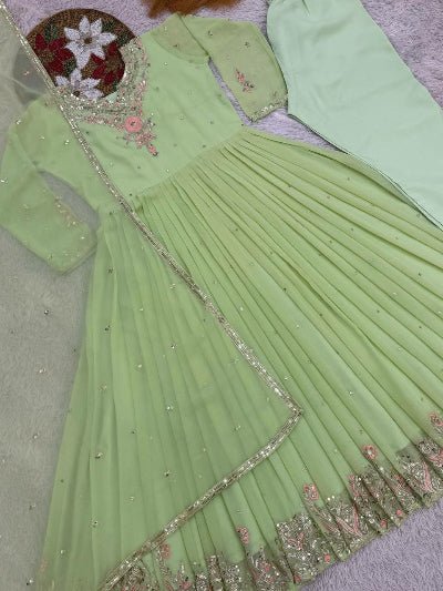 Pastel Green Georgette Embroidery work Anarkali Suit - BONYHUBSALWAR KAMEEZ