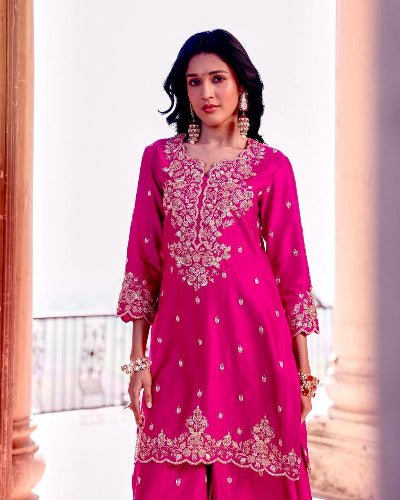Hot Pink Roman Silk Embroidery Sharara Palazzo Suit - BONYHUBSALWAR KAMEEZ