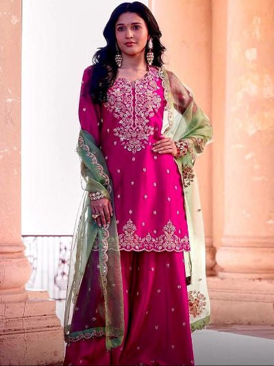 Hot Pink Roman Silk Embroidery Sharara Palazzo Suit - BONYHUBSALWAR KAMEEZ