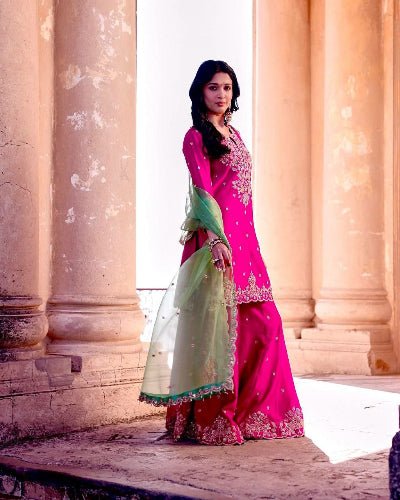 Hot Pink Roman Silk Embroidery Sharara Palazzo Suit - BONYHUBSALWAR KAMEEZ