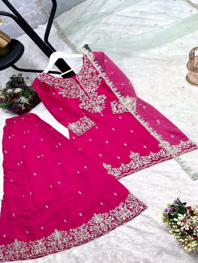 Hot Pink Roman Silk Embroidery Sharara Palazzo Suit - BONYHUBSALWAR KAMEEZ