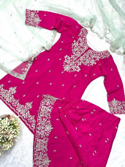 Hot Pink Roman Silk Embroidery Sharara Palazzo Suit - BONYHUBSALWAR KAMEEZ