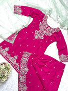 Hot Pink Roman Silk Embroidery Sharara Palazzo Suit - BONYHUBSALWAR KAMEEZ