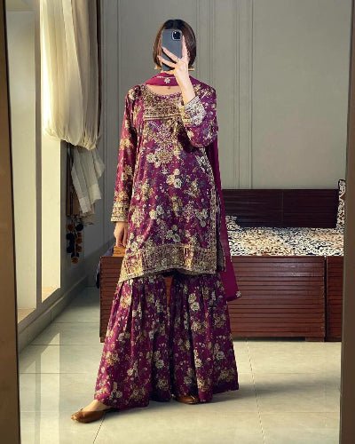 Royal Plum Floral Embroidered Chinon Sharara Suit - BONYHUBSALWAR KAMEEZ