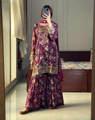 Royal Plum Floral Embroidered Chinon Sharara Suit - BONYHUBSALWAR KAMEEZ