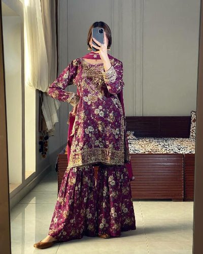 Royal Plum Floral Embroidered Chinon Sharara Suit - BONYHUBSALWAR KAMEEZ