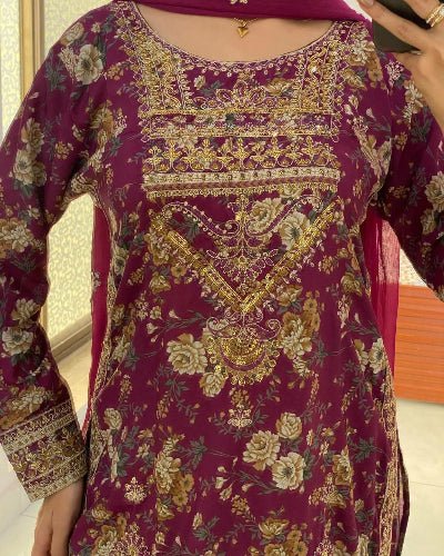 Royal Plum Floral Embroidered Chinon Sharara Suit - BONYHUBSALWAR KAMEEZ