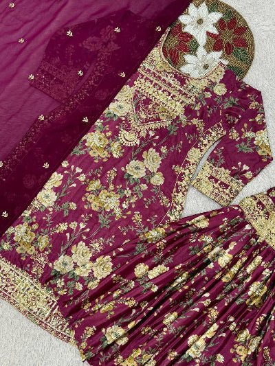Royal Plum Floral Embroidered Chinon Sharara Suit - BONYHUBSALWAR KAMEEZ