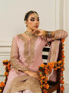 Rose Pink Gold Embroidery Chinon Palazzo Suit Set - BONYHUBSALWAR KAMEEZ