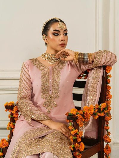 Rose Pink Gold Embroidery Chinon Palazzo Suit Set - BONYHUBSALWAR KAMEEZ