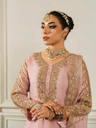 Rose Pink Gold Embroidery Chinon Palazzo Suit Set - BONYHUBSALWAR KAMEEZ
