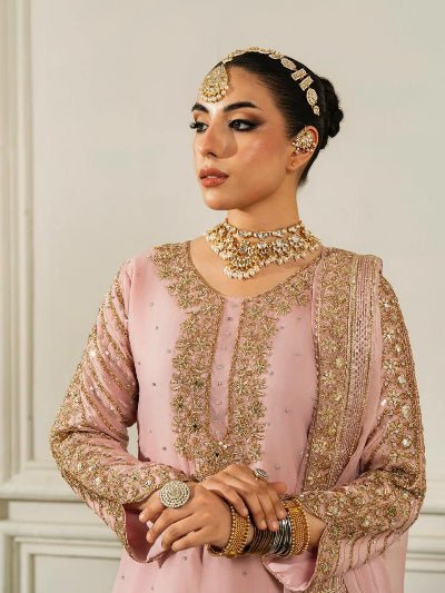 Rose Pink Gold Embroidery Chinon Palazzo Suit Set - BONYHUBSALWAR KAMEEZ