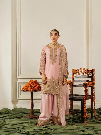 Rose Pink Gold Embroidery Chinon Palazzo Suit Set - BONYHUBSALWAR KAMEEZ