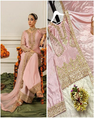 Rose Pink Gold Embroidery Chinon Palazzo Suit Set - BONYHUBSALWAR KAMEEZ