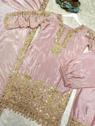 Rose Pink Gold Embroidery Chinon Palazzo Suit Set - BONYHUBSALWAR KAMEEZ