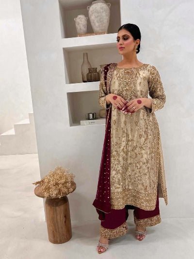 Gold Maroon Silk Sequins Embroidery Straight Suit Set - BONYHUBSALWAR KAMEEZ