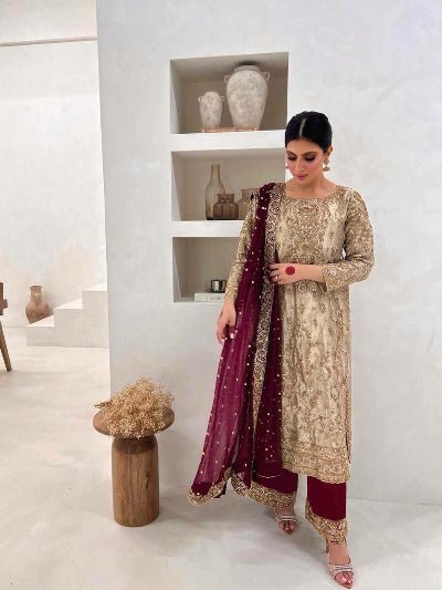 Gold Maroon Silk Sequins Embroidery Straight Suit Set - BONYHUBSALWAR KAMEEZ