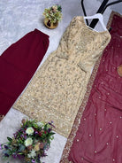 Gold Maroon Silk Sequins Embroidery Straight Suit Set - BONYHUBSALWAR KAMEEZ