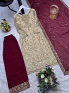 Gold Maroon Silk Sequins Embroidery Straight Suit Set - BONYHUBSALWAR KAMEEZ