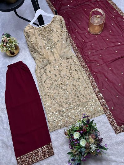 Gold Maroon Silk Sequins Embroidery Straight Suit Set - BONYHUBSALWAR KAMEEZ