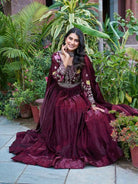 Burgandy Thread Embroidery Work Anarkali Gown with Dupatta Set Of 2 - BONYHUBSALWAR KAMEEZ