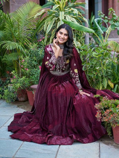 Burgandy Thread Embroidery Work Anarkali Gown with Dupatta Set Of 2 - BONYHUBSALWAR KAMEEZ