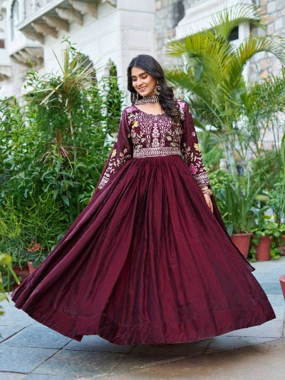 Burgandy Thread Embroidery Work Anarkali Gown with Dupatta Set Of 2 - BONYHUBSALWAR KAMEEZ