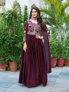 Burgandy Thread Embroidery Work Anarkali Gown with Dupatta Set Of 2 - BONYHUBSALWAR KAMEEZ