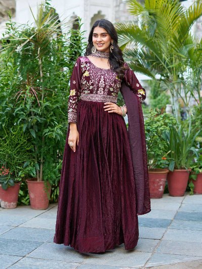 Burgandy Thread Embroidery Work Anarkali Gown with Dupatta Set Of 2 - BONYHUBSALWAR KAMEEZ