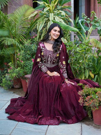 Burgandy Thread Embroidery Work Anarkali Gown with Dupatta Set Of 2 - BONYHUBSALWAR KAMEEZ