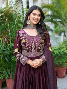 Burgandy Thread Embroidery Work Anarkali Gown with Dupatta Set Of 2 - BONYHUBSALWAR KAMEEZ