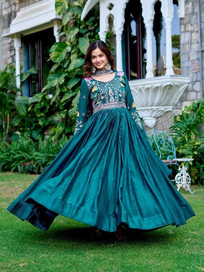 Teal Blue Embroidery Work Anarkali Gown with Dupatta Set Of 2 - BONYHUBSALWAR KAMEEZ