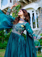 Teal Blue Embroidery Work Anarkali Gown with Dupatta Set Of 2 - BONYHUBSALWAR KAMEEZ