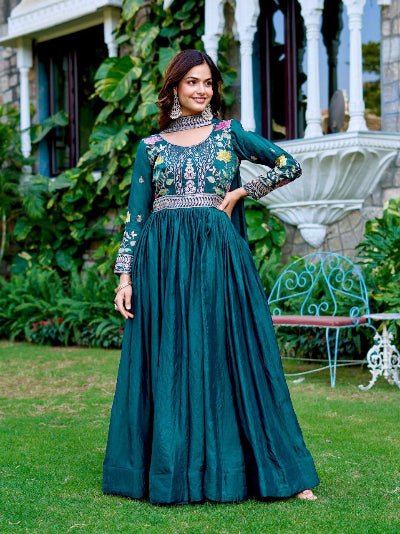 Teal Blue Embroidery Work Anarkali Gown with Dupatta Set Of 2 - BONYHUBSALWAR KAMEEZ