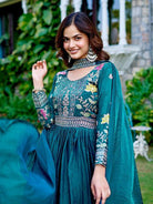 Teal Blue Embroidery Work Anarkali Gown with Dupatta Set Of 2 - BONYHUBSALWAR KAMEEZ