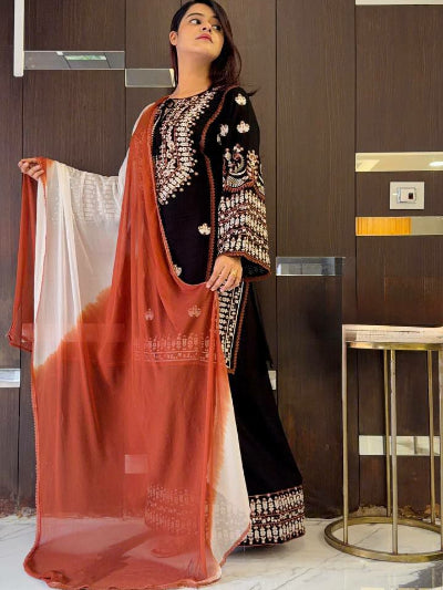 Black Embroidery Thread Work Palazzo Suit