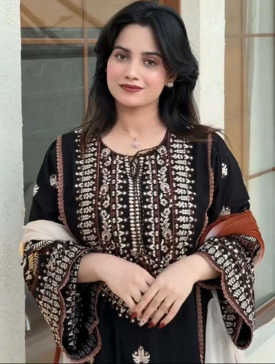 Black Embroidery Thread Work Palazzo Suit