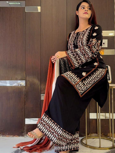 Black Embroidery Thread Work Palazzo Suit