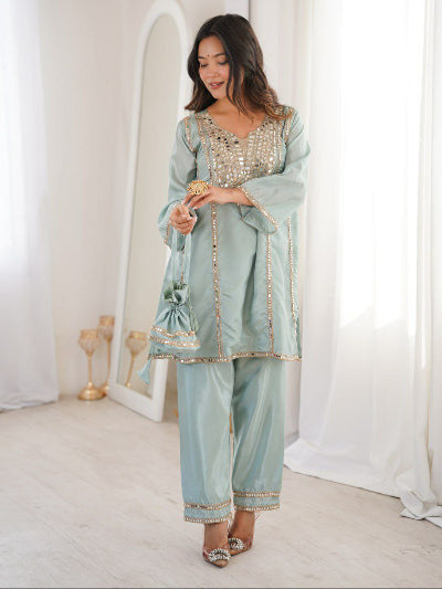 Pastel Mirror Embroidered Work Kurti Pant Set Free Potli