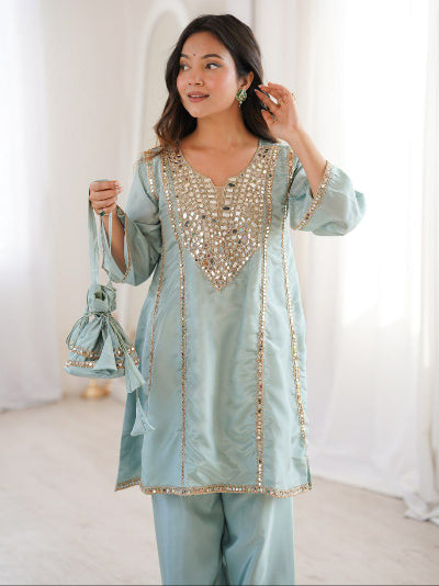 Pastel Mirror Embroidered Work Kurti Pant Set Free Potli